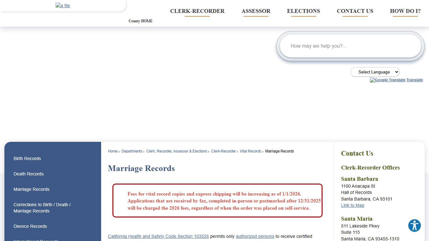 Marriage Records Santa Barbara County, CA - Official Website